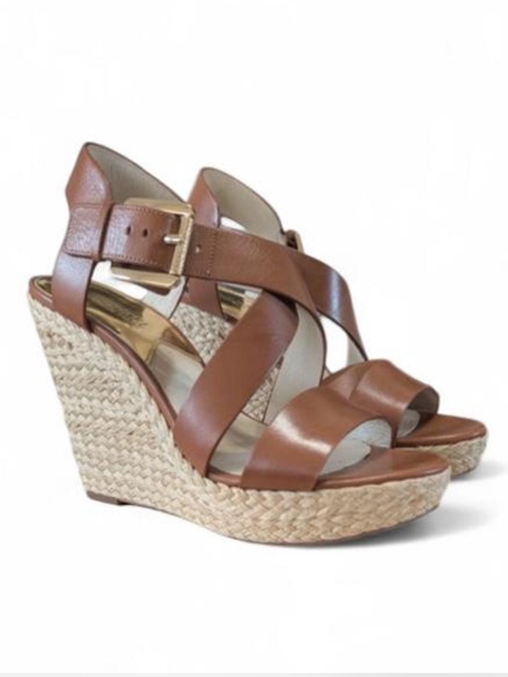 Michael Kors Brown Leather Espadrille Wedge Sandals
